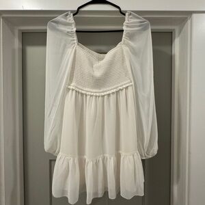 Aritzia White Sheer Long-Sleeve Smocked Mini Dress